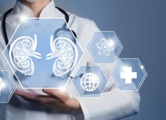 13 Essential Superfoods That Will Supercharge Your Kidney Health a torso of a doctor holding a hand at chest level with images of two kidneys and related medical symbols in front of them