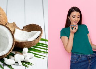 How to eat coconut for weight loss? Coconut pieces and a woman indicating that she has lost weight