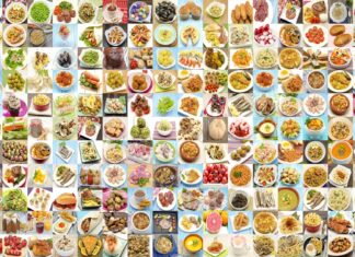 Are diverse diets always healthy? Collage with variety of food and dishes