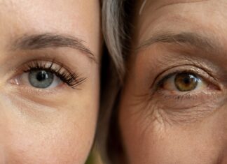 Your Biological Age vs. Chronological Age: Why It Matters A close-up comparison of the eyes of a young woman and an older woman, highlighting the visible differences in skin texture and wrinkles.