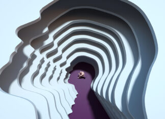 Substance abuse tied to growing mental health challenges among older adults Digital generated image of man sitting on cube inside multi layered head silhouette.