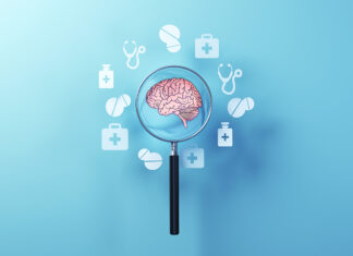 First-of-its-kind study finds that lifestyle programs improve cognition in older adults Human Brain Protection Concept with Medical Icons and metallic magnifying glass on soft blue background