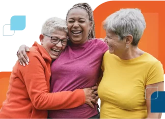 Mental Health Training for Older Adults three older woman hug and smile
