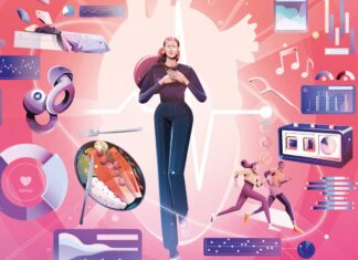 7 small changes that will significantly cut your risk of heart disease Illustration of a person with their hands on their chest in front of a heart, with various items surrounding them.