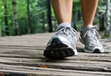 experts say hitting a certain “golden step” count each day could slow how fast your brain ages An older adult taking a healthy daily walk in a park, representing exercise benefits for cognitive health.
